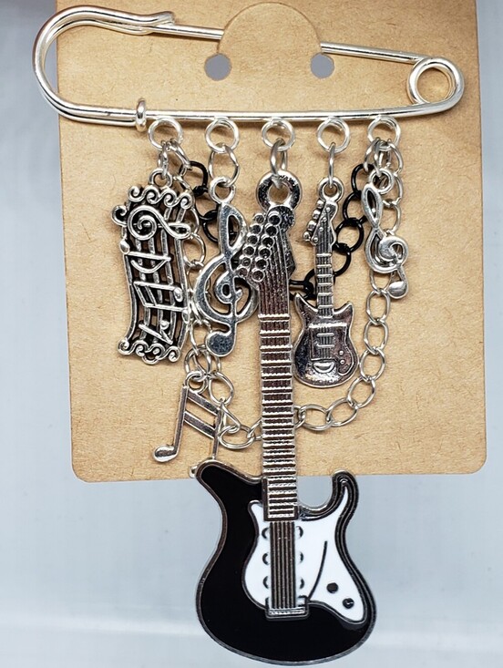 Handmade Jewelry - Handmade Black Silver Guitar Music Charm Safety Pin Brooch